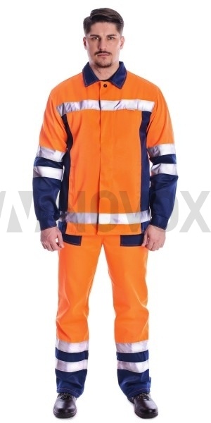 Костюм "Дорожник Люкс", куртка, п/к, оранжевый флуоресцентный/т.синий