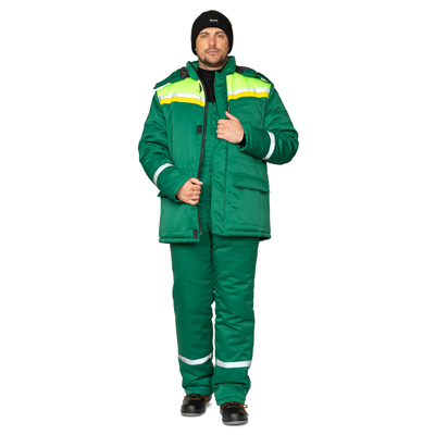 Костюм мужской утеплённый "Стройка" зелёный/лимонный/жёлтый (куртка и полукомбинезон)