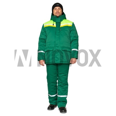 Костюм мужской утеплённый "Стройка" зелёный/лимонный/жёлтый (куртка и полукомбинезон)