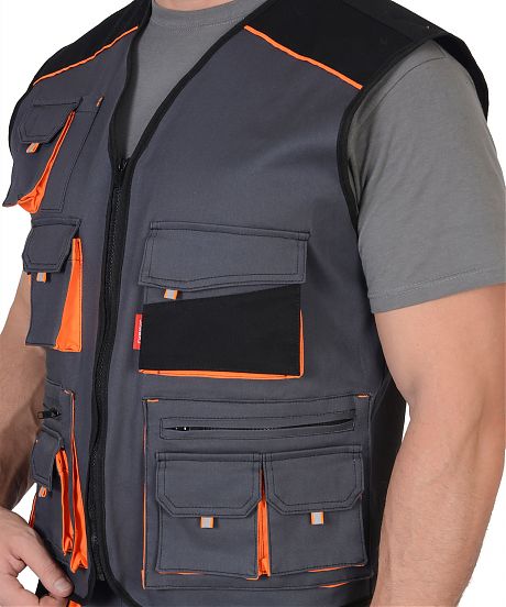 Жилет "СИРИУС-МАНХЕТТЕН" т.серый с оранж. и черным тк. стрейч пл. 250 г/кв.м