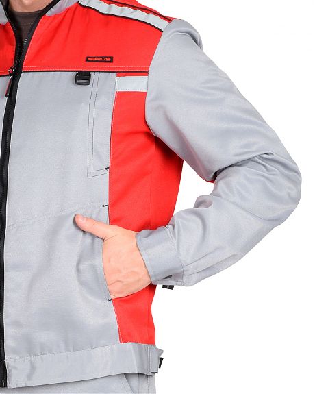 Костюм "ПРАКТИК-1" куртка, п/к св. серрый с красным