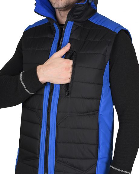 Жилет УРБАН утепленный с капюшоном черный с васильковым