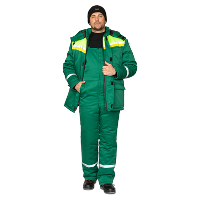 Костюм мужской утеплённый "Стройка" зелёный/лимонный/жёлтый (куртка и полукомбинезон)