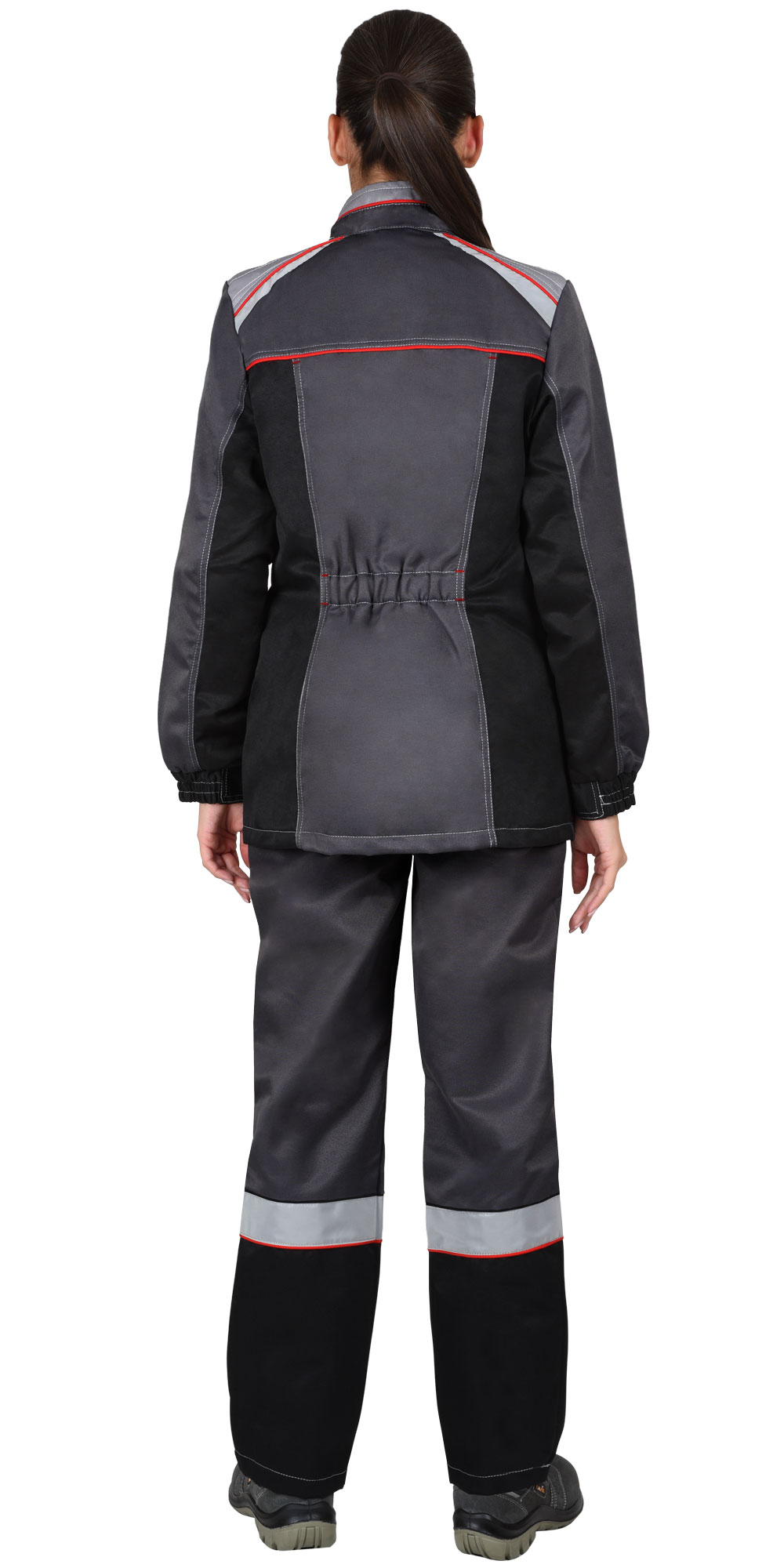 Костюм женский "СИРИУС-ВОЛОГДА" куртка, брюки, т.серый, черный с красной отделкой СОП