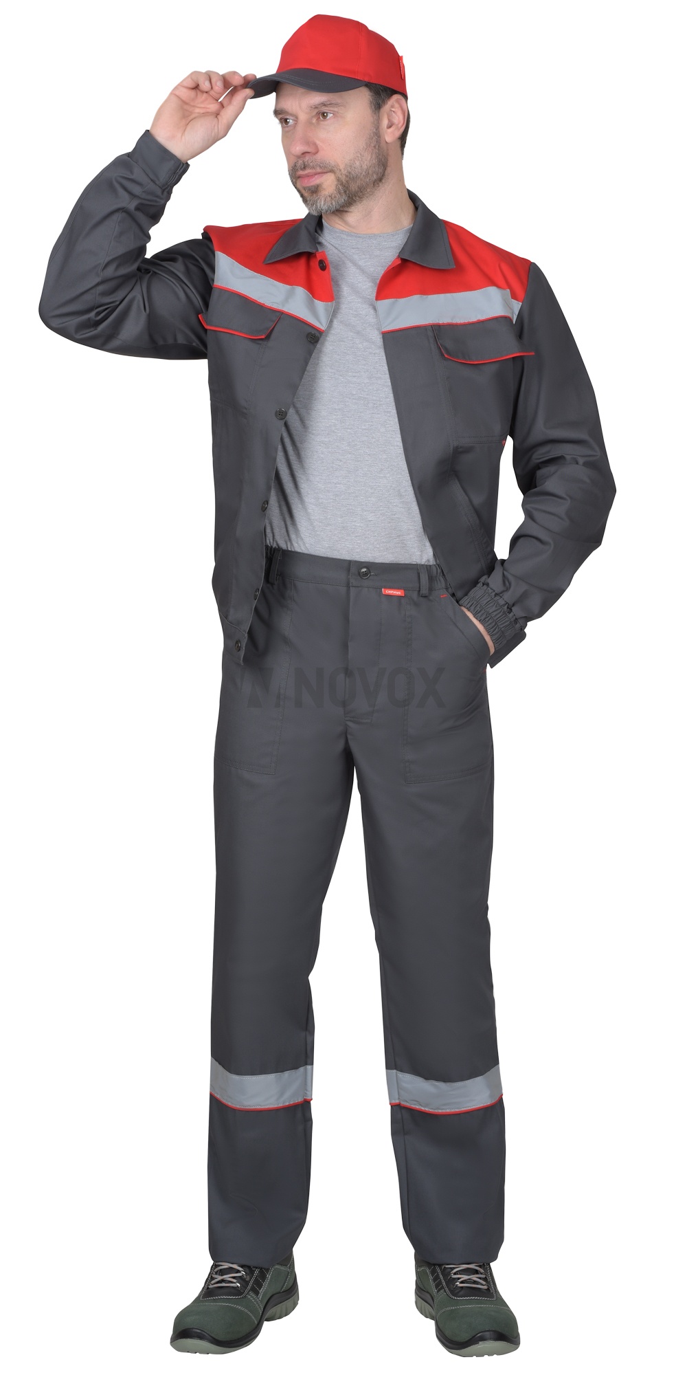Костюм летний "СИРИУС-МАСТЕР", куртка, брюки, т.серый/ красный