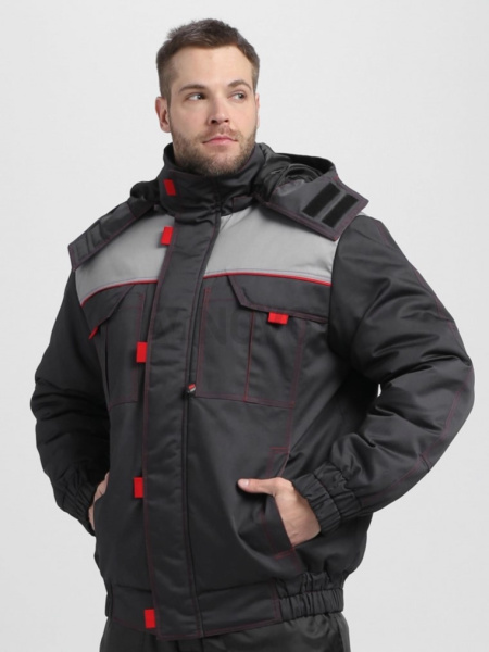 Куртка зимняя укороченная Фаворит (тк.Смесовая,240), т.серый/св.серый/красный