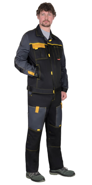 Костюм ФАВОРИТ куртка кор., брюки, черный с темно-серым, горчичный