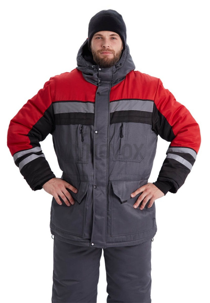Костюм зимний "ЗИМНИК" куртка/брюки, цвет: т.серый/черный/красный