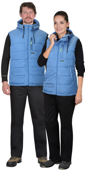 Жилет утепленный с капюшоном ЗОДИАК темно-голубой на подкладке