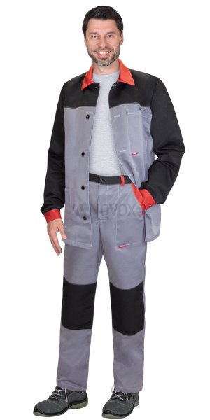 Костюм АСПЕКТ куртка длин., брюки, средне-серый с черным и красной отделкой