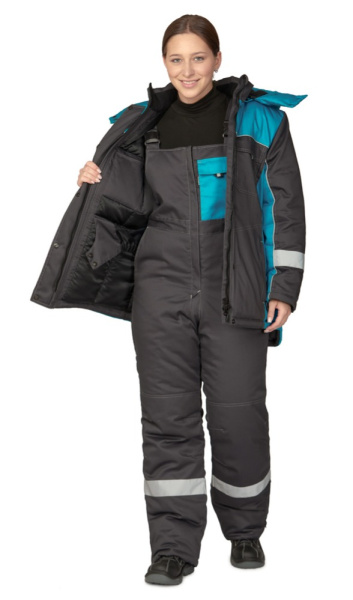 Полукомбинезон женский утеплённый "Бренд" тёмно-серый/бирюза