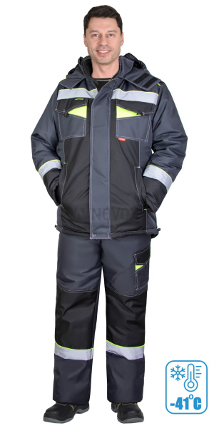 Костюм "ХОВАРД-М" зимний, куртка длинная, брюки, темно-серый с черным, лимонной отделкой и СОП