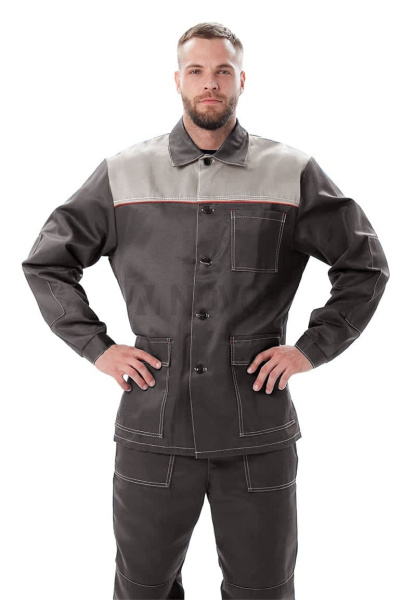 Костюм мужской "Дамаск" летний, куртка, брюки,  Т.СЕРЫЙ/СВ.СЕРЫЙ/КРАСНЫЙ