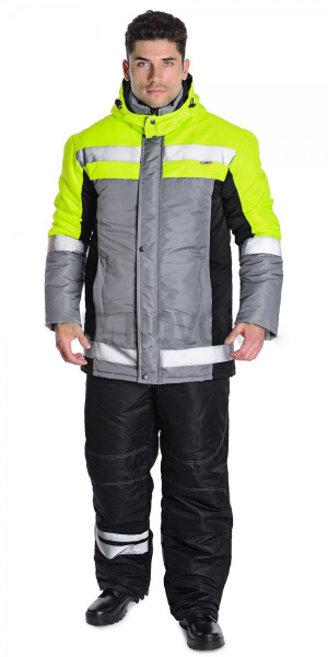 Куртка "Меридиан" утепленная т.серый + черный + желтый флуоресцентный