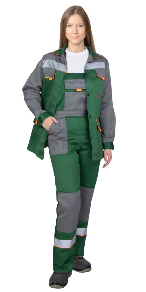 Костюм "УДАРНИЦА" куртка, п/к, зеленый со средне-серым с оранжевой отделкой и СОП