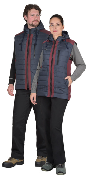 Жилет УРБАН утепленный с капюшоном сине-серый с бордовым