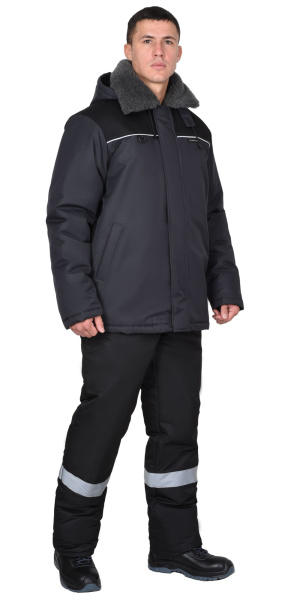 Куртка зимняя "МАСТЕР-М", муж. с мех. воротником и капюшоном, тёмно-серая с черым и СВ кантом