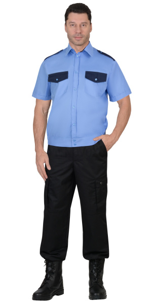 Рубашка охранника на резинке, с коротким рукавом мужская, голубая с т.синим