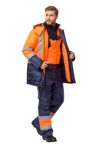 Костюм зимний "Трасса" сигнальный, куртка, п/к, цвет оранжевый/синий