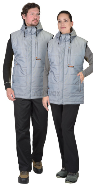 Жилет утепленный с капюшоном ЗОДИАК светло-серый на подкладке