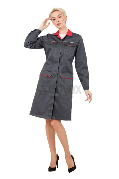 Халат рабочий женский летний/демисезонный "Страйк" цвет темно-серый/красный
