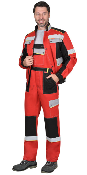 Костюм "Полином" муж.,курт.кор. п/к, черный с красным и св.серым СОП 50мм