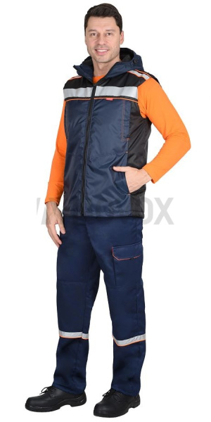 Жилет утепленный "ПРАКТИК" синий с черным, с капюшоном