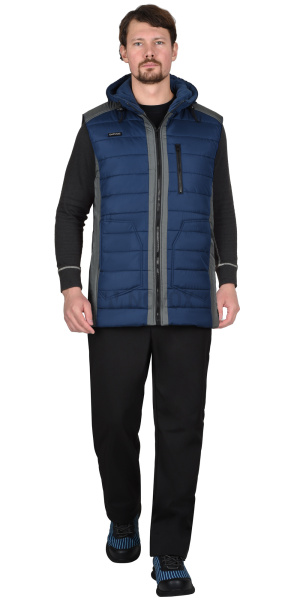 Жилет УРБАН утепленный с капюшоном синий с серым