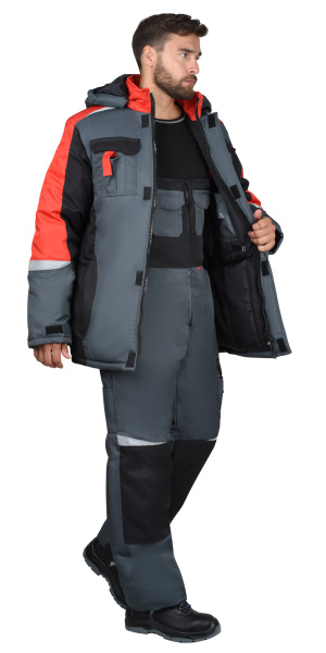 Костюм зимний "ФАВОРИТ-МЕГА-РОСС", куртка дл., п/к, тёмно-серый с красным, чёрным и СОП