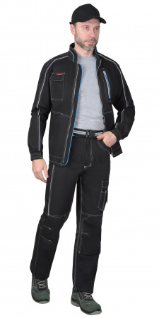 Костюм "СИРИУС-АЛЕКС" куртка (чз), брюки, черный с голубой отделкой