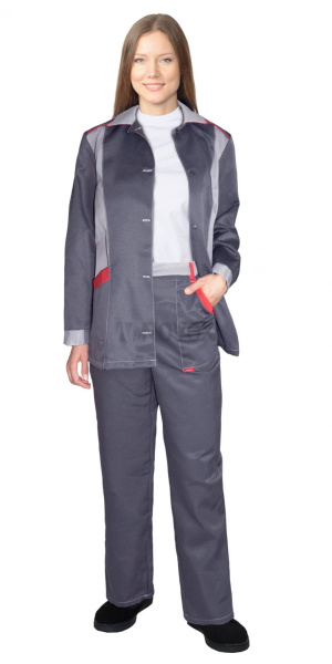 Костюм женский ЗОЛУШКА, куртка, брюки, т.серый со св.серым и красной отделкой