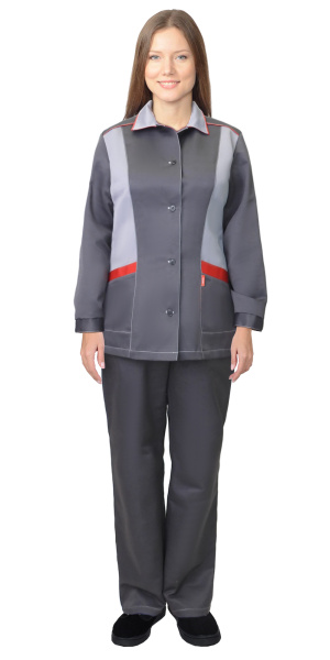 Костюм женский ЗОЛУШКА, куртка, брюки, т.серый со св.серым и красной отделкой