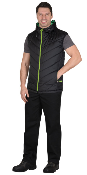 Жилет СТИЛЬ утепленный, черный с зеленой отделкой, с капюшоном, на подкладке