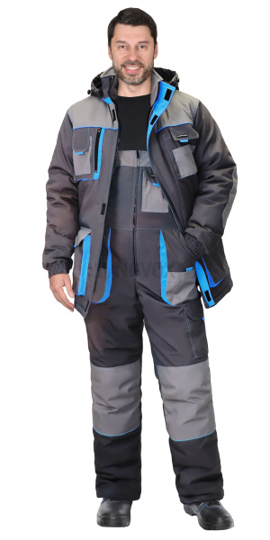 Костюм ДВИН зимний, куртка удл., п/к т.серый со ср.серым и голубой отделкой