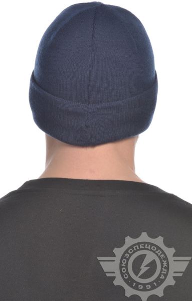 Шапка вязаная на флисе темно-синяя