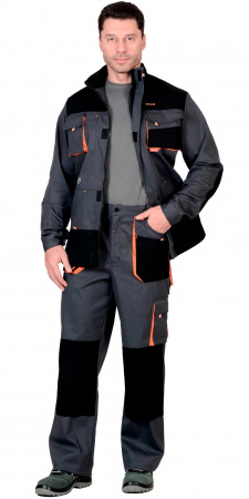 Костюм "СИРИУС-МАНХЕТТЕН" куртка дл.(чз), брюки т.серый с оранж. и черным тк. стрейч пл. 250 г/кв.м