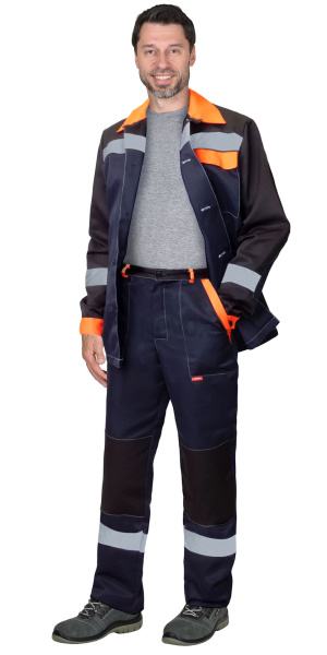 Костюм ПРОФИЛЬ куртка, брюки синий с черным с оранжевой отделкой и СОП