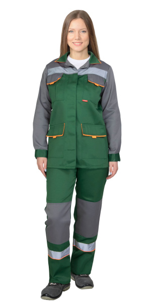 Костюм "УДАРНИЦА" куртка, п/к, зеленый со средне-серым с оранжевой отделкой и СОП