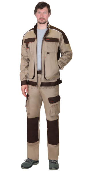 Костюм "ДЖЕТ БРАУН" куртка кор. (чз), брюки, песочный/т.коричневый, тк. мех. стрейч с ВО