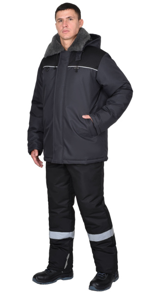 Куртка зимняя "МАСТЕР-М", муж. с мех. воротником и капюшоном, тёмно-серая с черым и СВ кантом