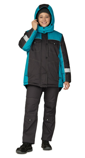 Куртка женская утеплённая "Бренд" тёмно-серый/бирюза