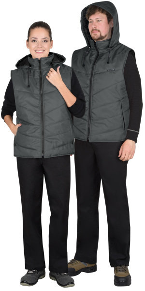 Жилет "ИМИДЖ" тёмно-серый, на подкладке флис, с капюшоном