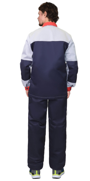 Костюм АСПЕКТ куртка длинная, брюки, темно-синий со светло-серым с красной отделкой