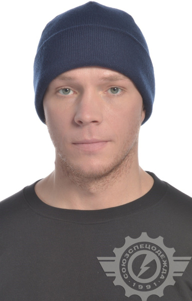 Шапка вязаная на флисе темно-синяя