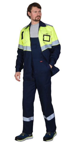 Костюм "МЕГИОН-РОСС" куртка, п/к, тёмно-синий с лимонным и СОП, антистат. нить, МВО