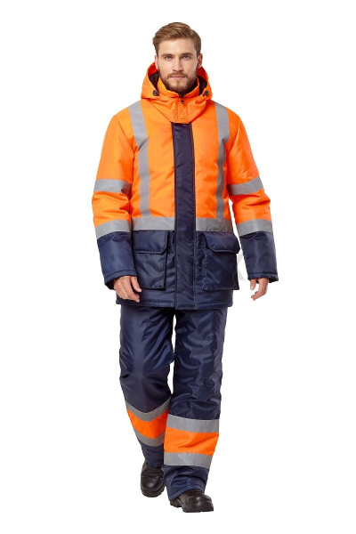 Костюм зимний "Трасса" сигнальный, куртка, п/к, цвет оранжевый/синий