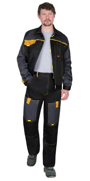 Костюм ФАВОРИТ куртка кор., брюки, черный с темно-серым, горчичный