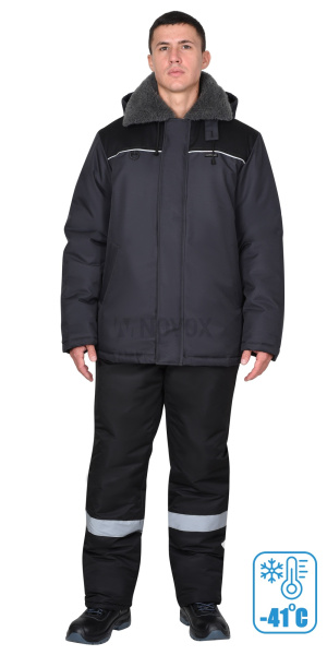 Куртка зимняя "МАСТЕР-М", муж. с мех. воротником и капюшоном, тёмно-серая с черым и СВ кантом