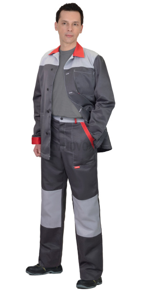 Костюм АСПЕКТ куртка длин., брюки, т.серый со св.серым и красной отделкой