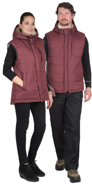 Жилет утепленный с капюшоном ЗОДИАК бордовый с флисовой подкладкой
